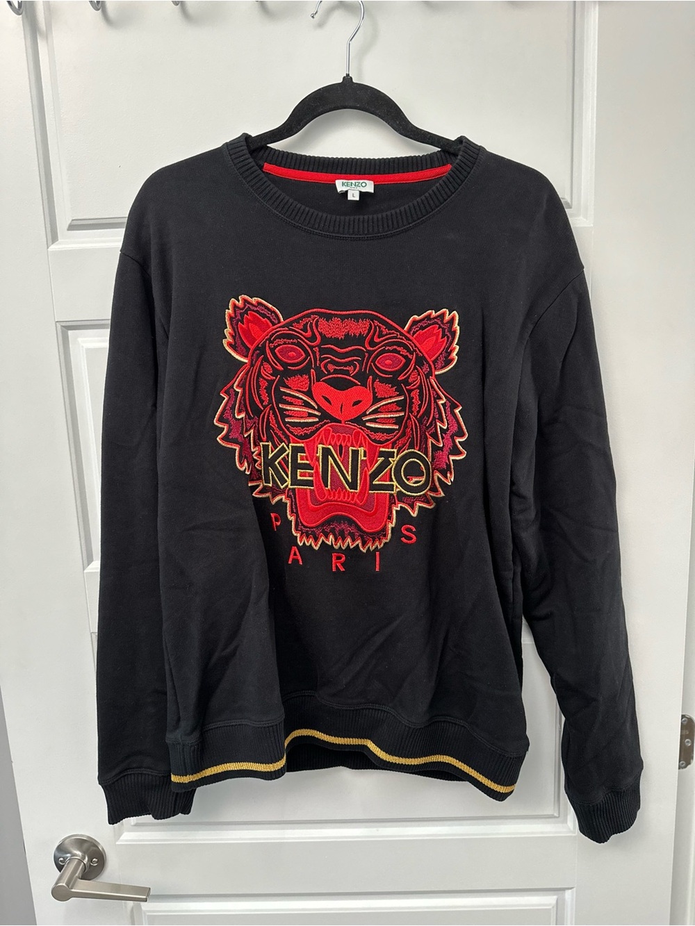 Kenzo Black Crewneck Sweater with Red & Gold Tiger Emblem